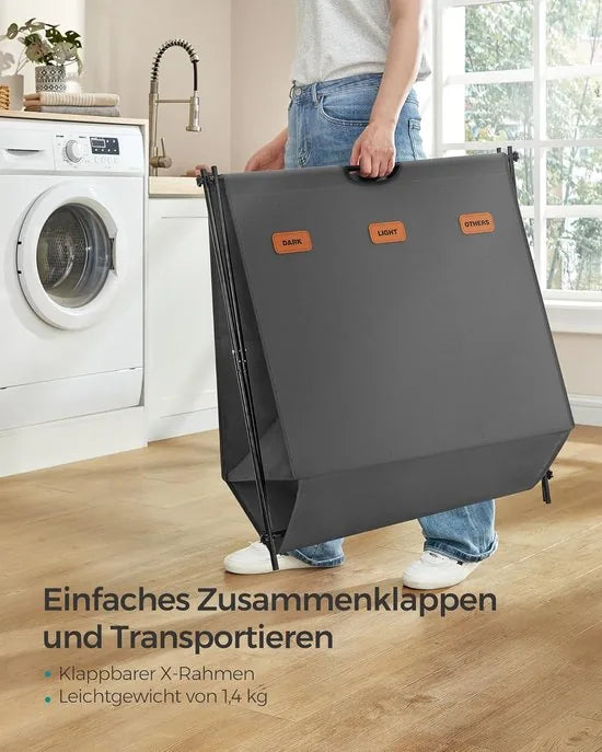 FurnStar - Wasmand - wasverzamelaar - 135 liter - wasbox - 3 vakken - inklapbaar X-frame - individuele etiketten - voor bijkeuken - slaapkamer - badkamer - 70 x 40 x 66 cm - grijs