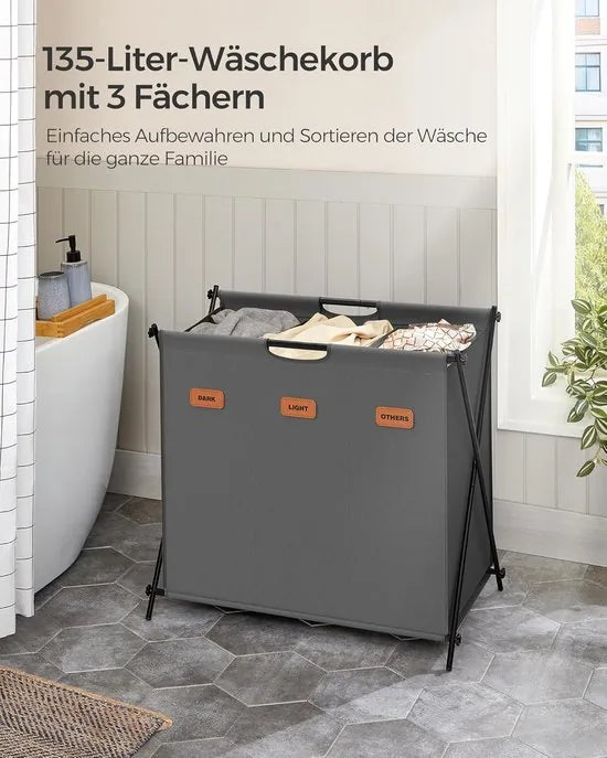 FurnStar - Wasmand - wasverzamelaar - 135 liter - wasbox - 3 vakken - inklapbaar X-frame - individuele etiketten - voor bijkeuken - slaapkamer - badkamer - 70 x 40 x 66 cm - grijs