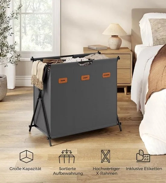 FurnStar - Wasmand - wasverzamelaar - 135 liter - wasbox - 3 vakken - inklapbaar X-frame - individuele etiketten - voor bijkeuken - slaapkamer - badkamer - 70 x 40 x 66 cm - grijs