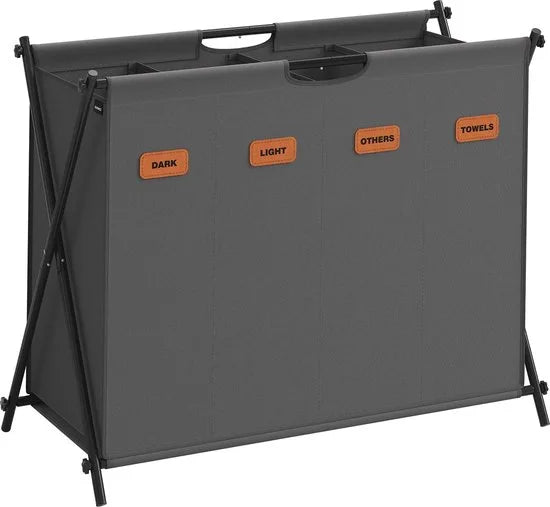 FurnStar - Wasmand - wasverzamelaar - 155 liter - wasbox - 4 vakken - inklapbaar X-frame - individuele etiketten - voor bijkeuken - slaapkamer - badkamer - 79,9 x 40 x 66 cm - leigrijs