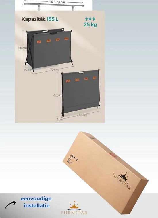 FurnStar - Wasmand - wasverzamelaar - 155 liter - wasbox - 4 vakken - inklapbaar X-frame - individuele etiketten - voor bijkeuken - slaapkamer - badkamer - 79,9 x 40 x 66 cm - leigrijs