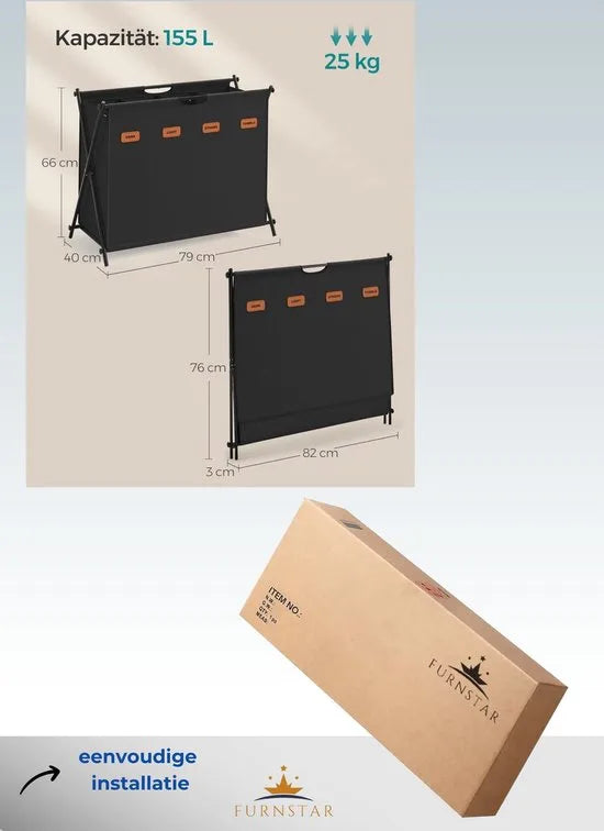 FurnStar - Wasmand - wasverzamelaar - 155 liter - wasbox - 4 vakken - inklapbaar X-frame - individuele etiketten - voor bijkeuken - slaapkamer - badkamer - 79,9 x 40 x 66 cm - leigrijs – Inktzwart