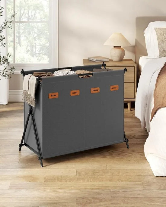 FurnStar - Wasmand - wasverzamelaar - 155 liter - wasbox - 4 vakken - inklapbaar X-frame - individuele etiketten - voor bijkeuken - slaapkamer - badkamer - 79,9 x 40 x 66 cm - leigrijs