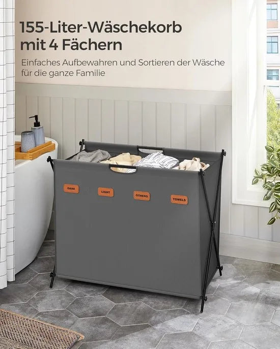 FurnStar - Wasmand - wasverzamelaar - 155 liter - wasbox - 4 vakken - inklapbaar X-frame - individuele etiketten - voor bijkeuken - slaapkamer - badkamer - 79,9 x 40 x 66 cm - leigrijs