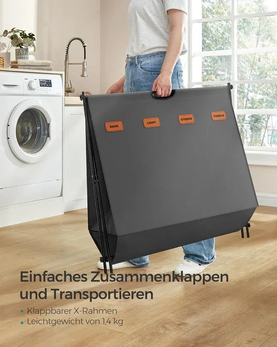 FurnStar - Wasmand - wasverzamelaar - 155 liter - wasbox - 4 vakken - inklapbaar X-frame - individuele etiketten - voor bijkeuken - slaapkamer - badkamer - 79,9 x 40 x 66 cm - leigrijs