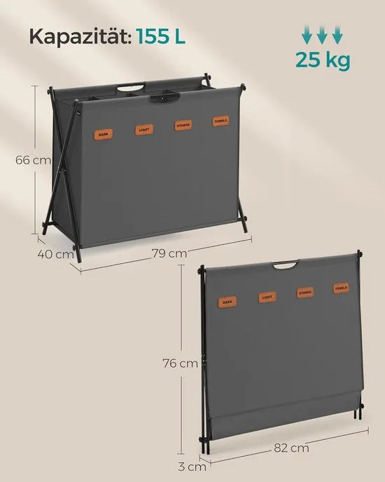 FurnStar - Wasmand - wasverzamelaar - 155 liter - wasbox - 4 vakken - inklapbaar X-frame - individuele etiketten - voor bijkeuken - slaapkamer - badkamer - 79,9 x 40 x 66 cm - leigrijs