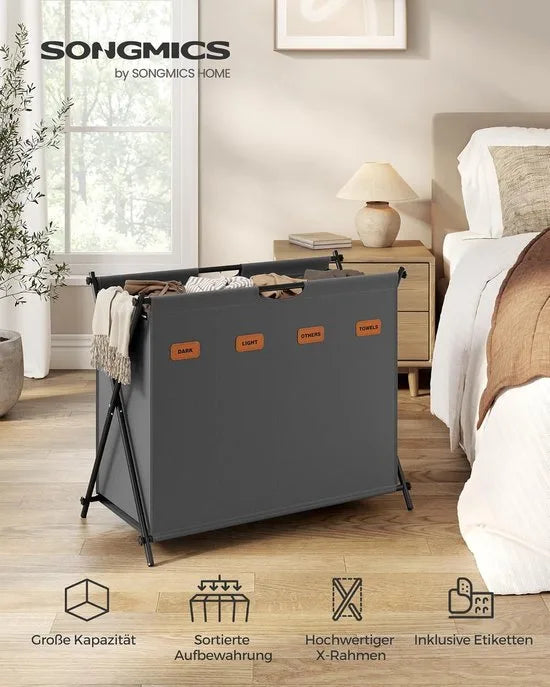 FurnStar - Wasmand - wasverzamelaar - 155 liter - wasbox - 4 vakken - inklapbaar X-frame - individuele etiketten - voor bijkeuken - slaapkamer - badkamer - 79,9 x 40 x 66 cm - leigrijs