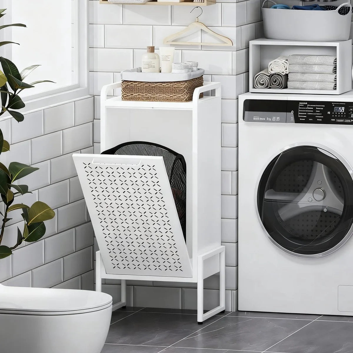 Furnstar Wasmand - Wasverzamelaar met Afneembare Waszak - Wasbox - Metalen Frame van Hoogwaardig Staal - 42 x 35 x 93 cm - Wit