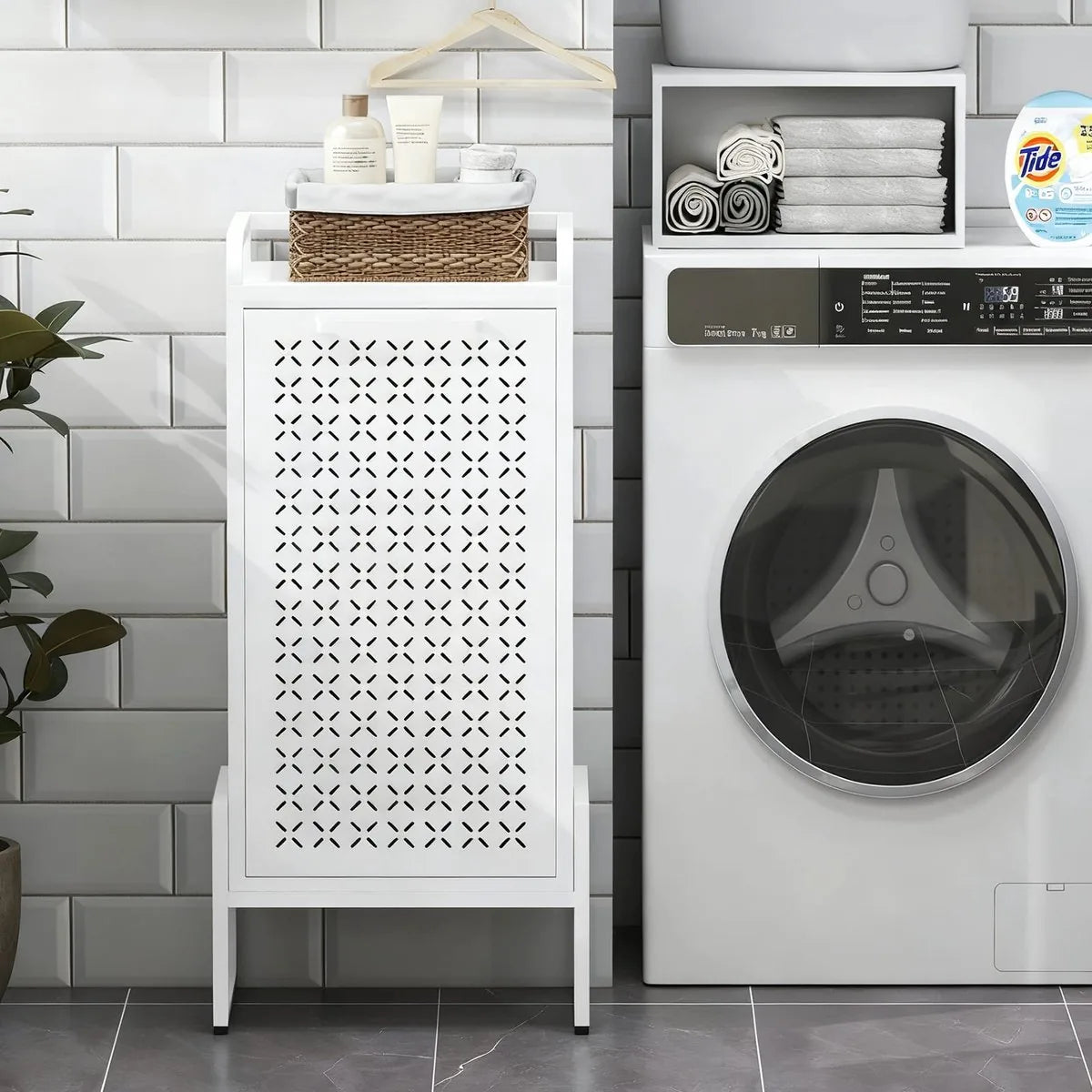 Furnstar Wasmand - Wasverzamelaar met Afneembare Waszak - Wasbox - Metalen Frame van Hoogwaardig Staal - 42 x 35 x 93 cm - Wit