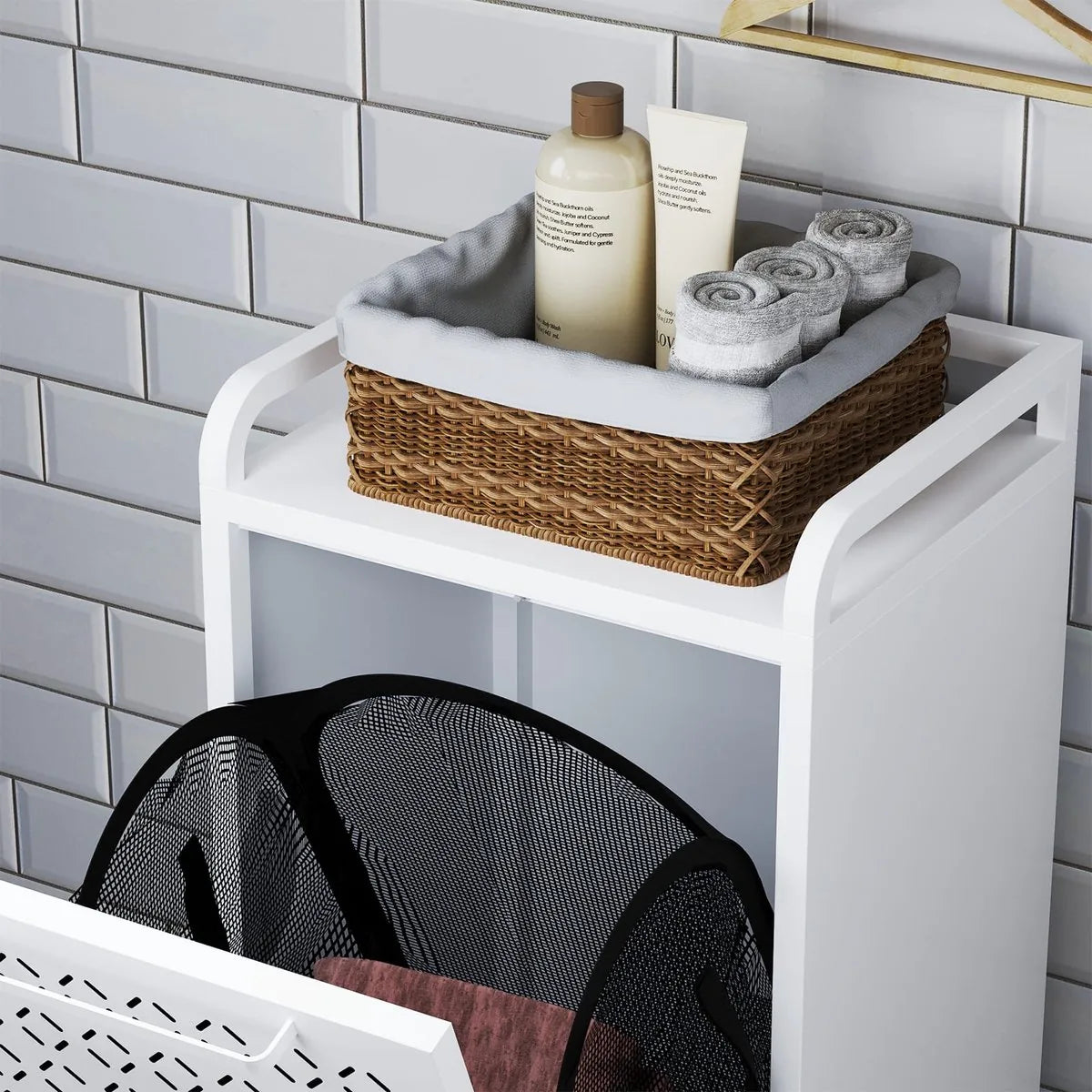 Furnstar Wasmand - Wasverzamelaar met Afneembare Waszak - Wasbox - Metalen Frame van Hoogwaardig Staal - 42 x 35 x 93 cm - Wit – Model 1