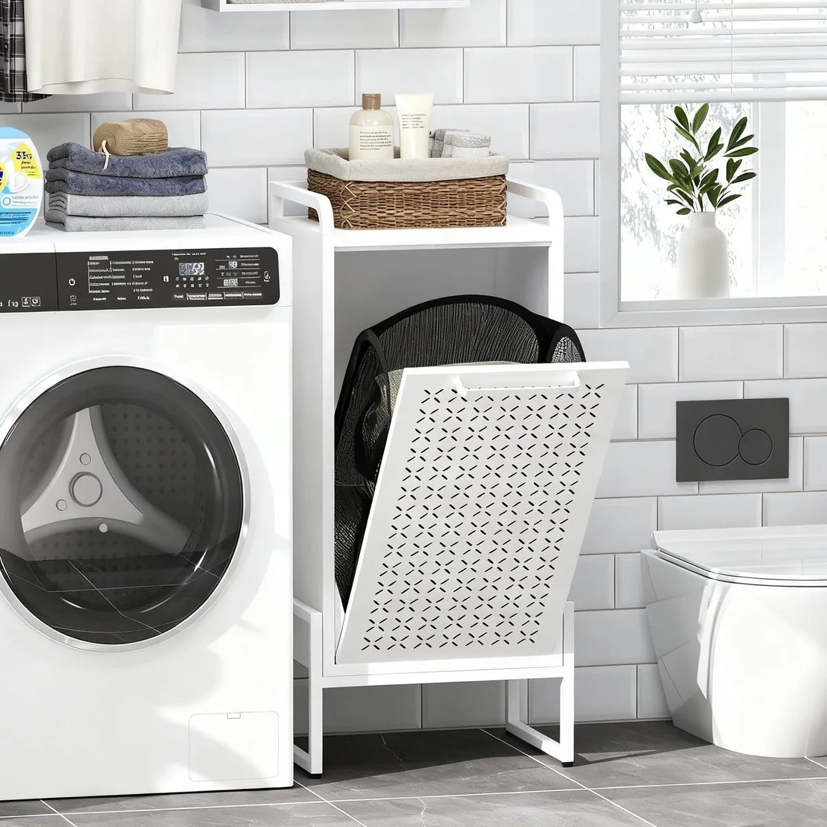 Furnstar Wasmand - Wasverzamelaar met Afneembare Waszak - Wasbox - Metalen Frame van Hoogwaardig Staal - 42 x 35 x 93 cm - Wit