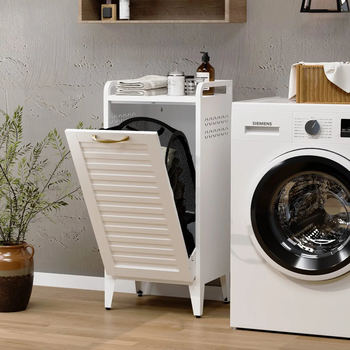 Furnstar Wasmand - Wasverzamelaar met Afneembare Waszak - Wasbox - Metalen Frame van Hoogwaardig Staal - 42 x 35 x 93 cm - Wit