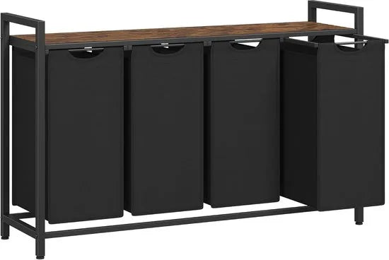 Furnstar Wasmand - Wasverzamelaar met plank - Wasbox - Afneembare waszak van Oxford stof - 4 vakken - Metalen frame - 160L - 116 x 33 x 72 cm - Inktzwart Vintabruin