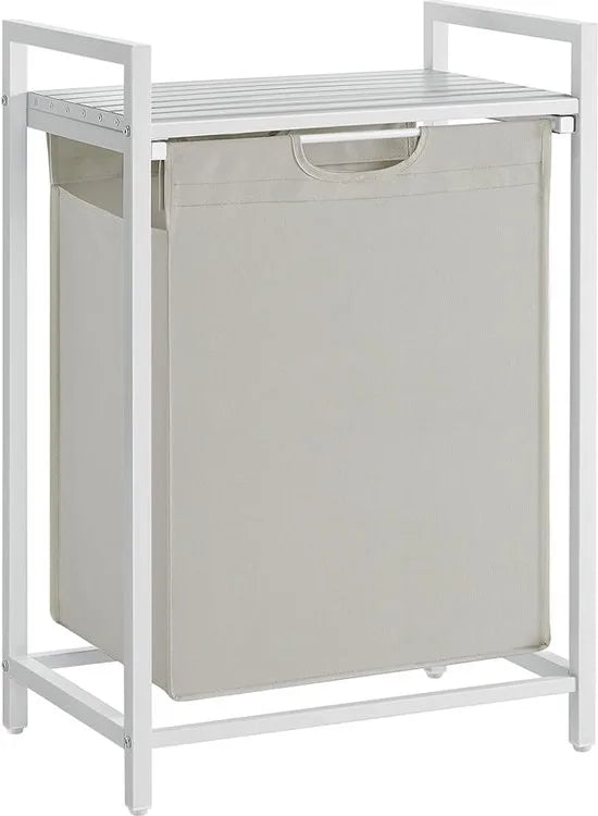 Furnstar Wasmand - Wasverzamelaar met plank - Wasbox - Afneembare waszak van Oxford weefsel - Metalen frame - 65 L - 50 x 33x 72 cm - Crèmewit Mat Wit