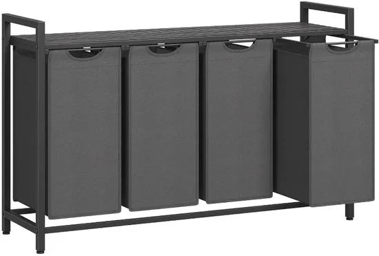 Furnstar Wasmand - Wasverzamelaar met plank - Wasbox - Afneembare waszak van Oxford stof - 4 vakken - Metalen frame - 160L - 116 x 33 x 72 cm - Zwart en grijs