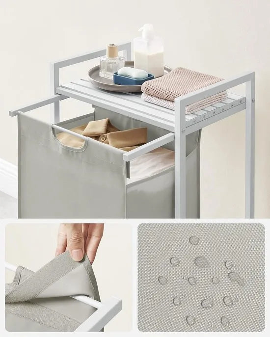 Furnstar Wasmand - Wasverzamelaar met plank - Wasbox - Afneembare waszak van Oxford weefsel - Metalen frame - 65 L - 50 x 33x 72 cm - Crèmewit Mat Wit