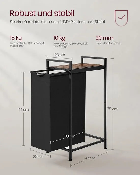 Furnstar Wasmand - Wasverzamelaar met plank - Wasbox - Afneembare waszak van Oxford weefsel - Metalen frame - 47L - 42 x 28 x 75 cm - Inktzwart Vintage Bruin