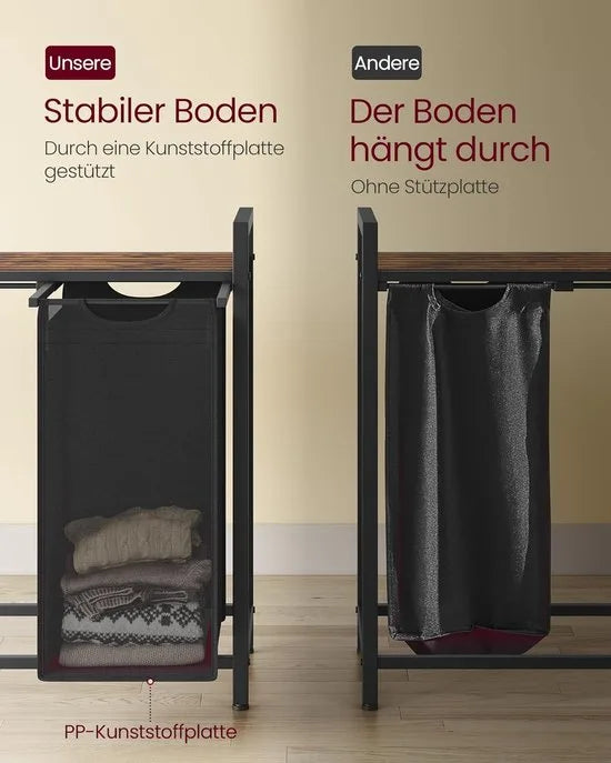 Furnstar Wasmand - Wasverzamelaar met plank - Wasbox - Afneembare waszak van Oxford stof - 4 vakken - Metalen frame - 160L - 116 x 33 x 72 cm - Inktzwart Vintabruin