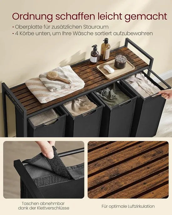Furnstar Wasmand - Wasverzamelaar met plank - Wasbox - Afneembare waszak van Oxford stof - 4 vakken - Metalen frame - 160L - 116 x 33 x 72 cm - Inktzwart Vintabruin