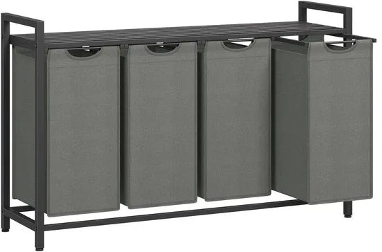 Furnstar Wasmand - Wasverzamelaar met plank - Wasbox - Afneembare waszak van Oxford stof - 4 vakken - Metalen frame - 160L - 116 x 33 x 72 cm - Zwart en grijs