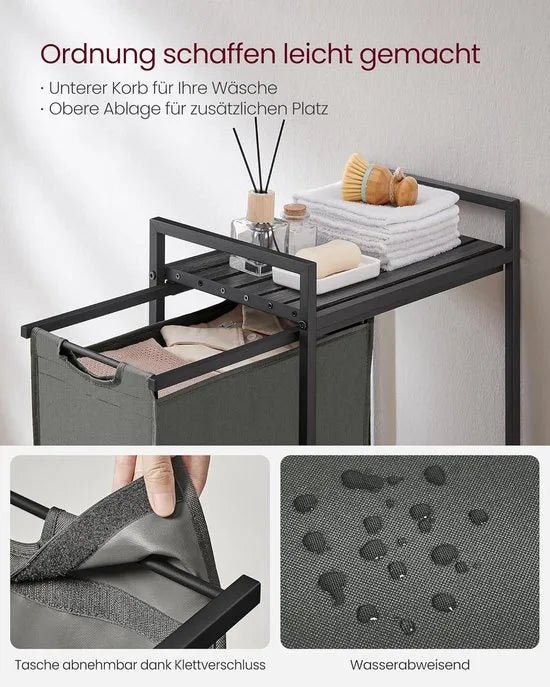 Furnstar Wasmand - Wasverzamelaar met plank - Wasbox - Afneembare waszak van Oxford weefsel - Metalen frame - 47L - 42 x 28 x 75 cm - Leigrijs Antracietgrijs
