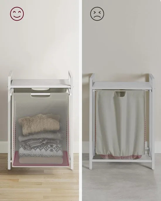 Furnstar Wasmand - Wasverzamelaar met plank - Wasbox - Afneembare waszak van Oxford weefsel - Metalen frame - 65 L - 50 x 33x 72 cm - Crèmewit Mat Wit