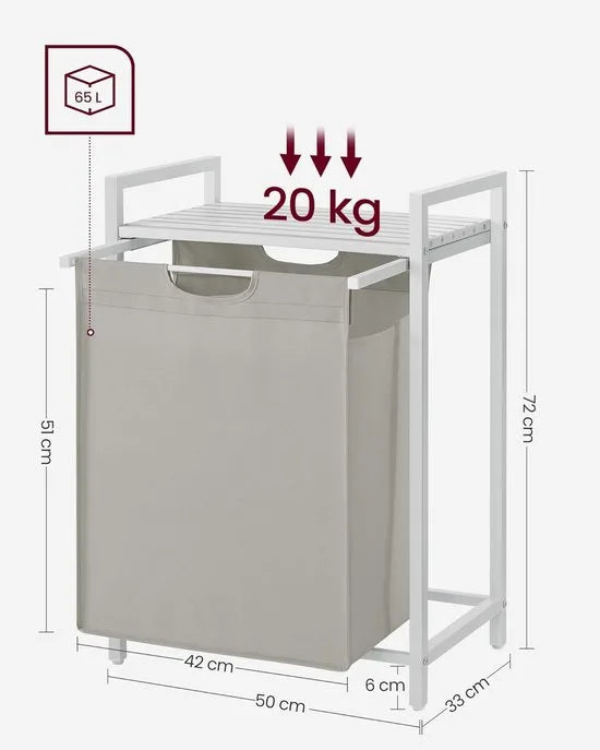 Furnstar Wasmand - Wasverzamelaar met plank - Wasbox - Afneembare waszak van Oxford weefsel - Metalen frame - 65 L - 50 x 33x 72 cm - Crèmewit Mat Wit