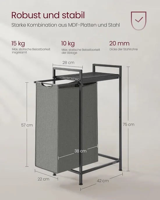 Furnstar Wasmand - Wasverzamelaar met plank - Wasbox - Afneembare waszak van Oxford weefsel - Metalen frame - 47L - 42 x 28 x 75 cm - Leigrijs Antracietgrijs