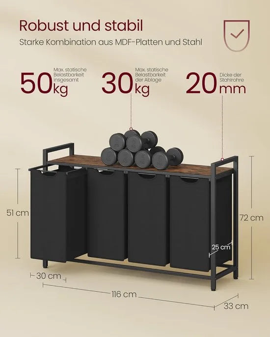 Furnstar Wasmand - Wasverzamelaar met plank - Wasbox - Afneembare waszak van Oxford stof - 4 vakken - Metalen frame - 160L - 116 x 33 x 72 cm - Inktzwart Vintabruin