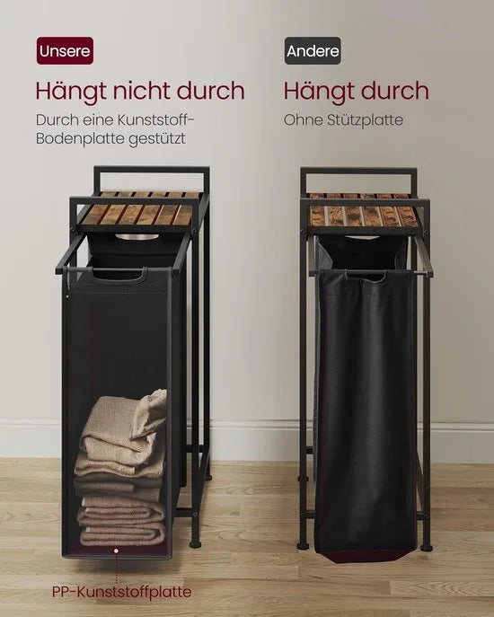 Furnstar Wasmand - Wasverzamelaar met plank - Wasbox - Afneembare waszak van Oxford weefsel - Metalen frame - 47L - 42 x 28 x 75 cm - Inktzwart Vintage Bruin