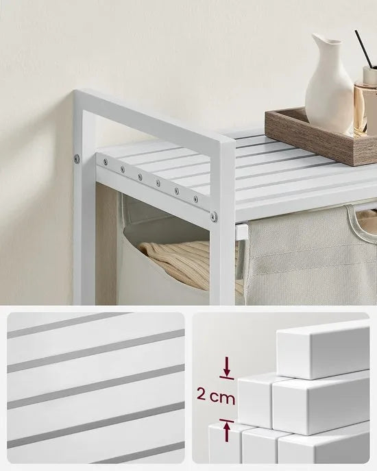Furnstar Wasmand - Wasverzamelaar met plank - Wasbox - Afneembare waszak van Oxford weefsel - Metalen frame - 65 L - 50 x 33x 72 cm - Crèmewit Mat Wit