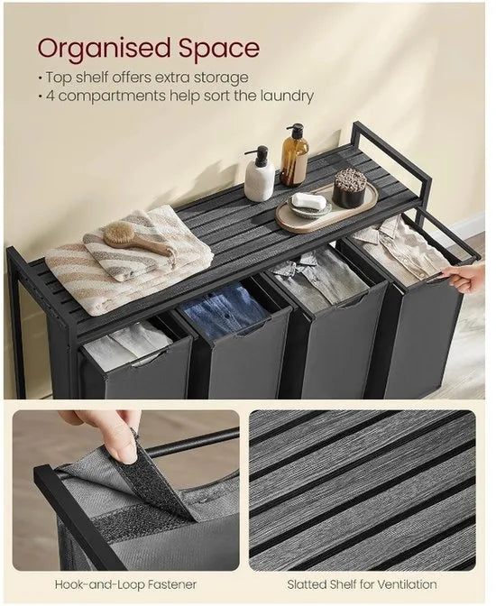 Furnstar Wasmand - Wasverzamelaar met plank - Wasbox - Afneembare waszak van Oxford stof - 4 vakken - Metalen frame - 160L - 116 x 33 x 72 cm - Zwart en grijs