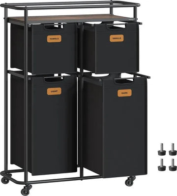 FurnStar - Wassorteerder - wasscheider met wielen - 150 liter - wasmanden - beweegbare waswagen met plank - 4 afneembare vakken - 6 etiketten - 72 x 33 x 109 cm - inktzwart-kastanjebruin