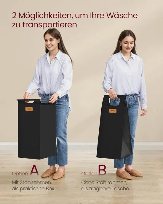 FurnStar - Wassorteerder - wasscheider met wielen - 150 liter - wasmanden - beweegbare waswagen met plank - 4 afneembare vakken - 6 etiketten - 72 x 33 x 109 cm - inktzwart-kastanjebruin