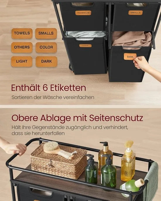 FurnStar - Wassorteerder - wasscheider met wielen - 150 liter - wasmanden - beweegbare waswagen met plank - 4 afneembare vakken - 6 etiketten - 72 x 33 x 109 cm - inktzwart-kastanjebruin