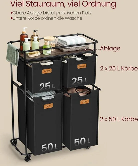 FurnStar - Wassorteerder - wasscheider met wielen - 150 liter - wasmanden - beweegbare waswagen met plank - 4 afneembare vakken - 6 etiketten - 72 x 33 x 109 cm - inktzwart-kastanjebruin