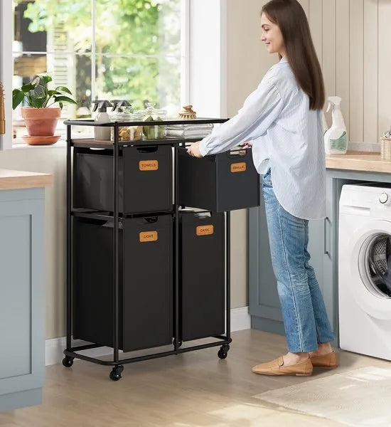 FurnStar - Wassorteerder - wasscheider met wielen - 150 liter - wasmanden - beweegbare waswagen met plank - 4 afneembare vakken - 6 etiketten - 72 x 33 x 109 cm - inktzwart-kastanjebruin