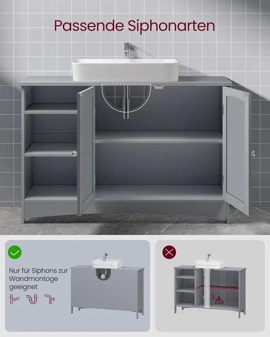 Furnstar - Wastafelonderkast - Badkamerkast - Extra lang - 30 x 90 x 60 cm - 2 deuren - Open vakken - In hoogte verstelbare planken - Wit – Duifgrijs