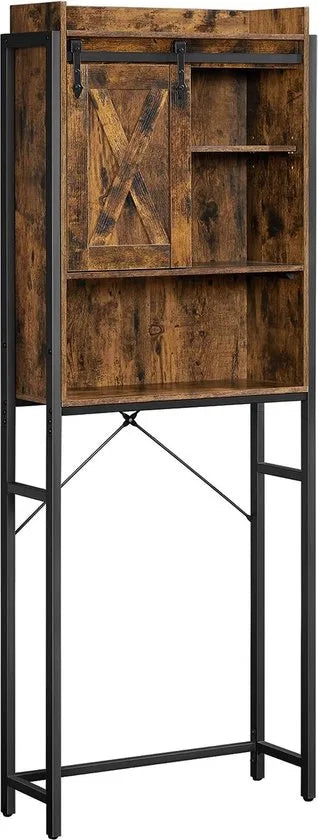 FurnStar - WC-Plank - Badkamerplank met Kast - Stalen Frame - Voor Wasmachine - Eenvoudige Montage - Industrieel Ontwerp - 64 x 24 x 171 cm - Vintage Bruin-Zwart