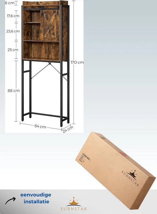 FurnStar - WC-Plank - Badkamerplank met Kast - Stalen Frame - Voor Wasmachine - Eenvoudige Montage - Industrieel Ontwerp - 64 x 24 x 171 cm - Vintage Bruin-Zwart