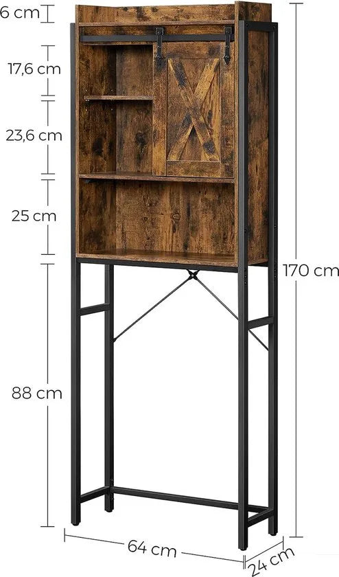 FurnStar - WC-Plank - Badkamerplank met Kast - Stalen Frame - Voor Wasmachine - Eenvoudige Montage - Industrieel Ontwerp - 64 x 24 x 171 cm - Vintage Bruin-Zwart