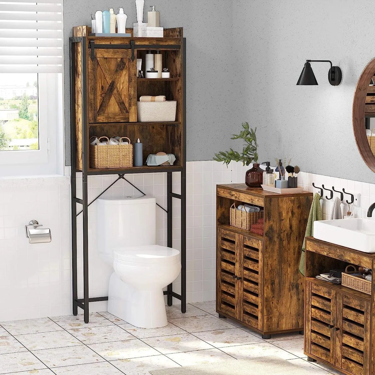 FurnStar - WC-Plank - Badkamerplank met Kast - Stalen Frame - Voor Wasmachine - Eenvoudige Montage - Industrieel Ontwerp - 64 x 24 x 171 cm - Vintage Bruin-Zwart