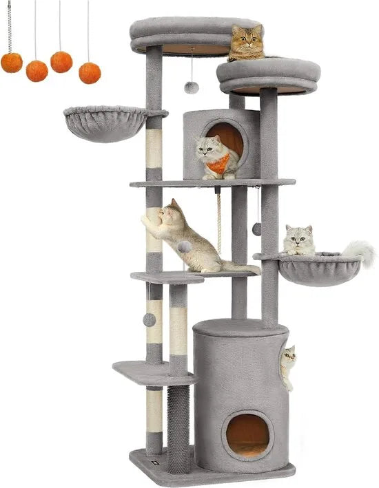 FurnStar - XXL - 196 cm hoge meerlaagse kattenboom met 2 grote platforms - 3 grotten - 2 ligbedden - 5 krabpalen - 4 pluche ballen - kattenborstel - tunnel - 60 x 55 x 196 cm - lichtgrijs
