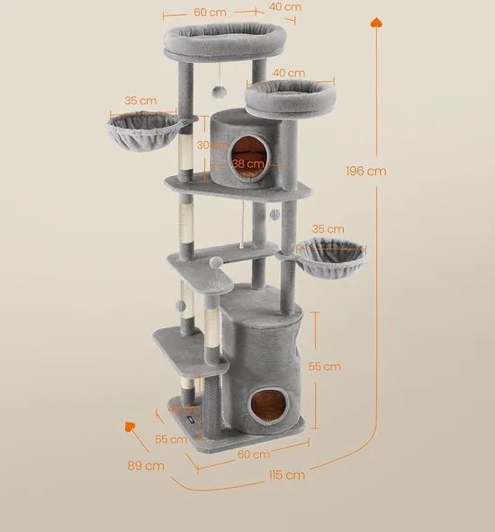 FurnStar - XXL - 196 cm hoge meerlaagse kattenboom met 2 grote platforms - 3 grotten - 2 ligbedden - 5 krabpalen - 4 pluche ballen - kattenborstel - tunnel - 60 x 55 x 196 cm - lichtgrijs
