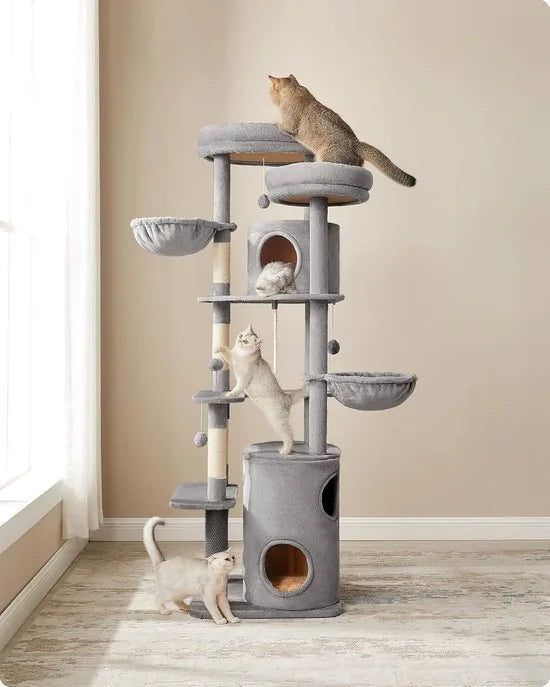 FurnStar - XXL - 196 cm hoge meerlaagse kattenboom met 2 grote platforms - 3 grotten - 2 ligbedden - 5 krabpalen - 4 pluche ballen - kattenborstel - tunnel - 60 x 55 x 196 cm - lichtgrijs
