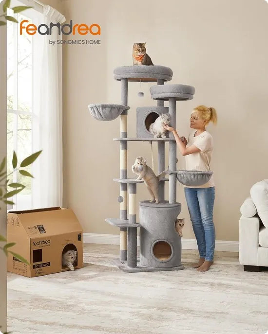 FurnStar - XXL - 196 cm hoge meerlaagse kattenboom met 2 grote platforms - 3 grotten - 2 ligbedden - 5 krabpalen - 4 pluche ballen - kattenborstel - tunnel - 60 x 55 x 196 cm - lichtgrijs