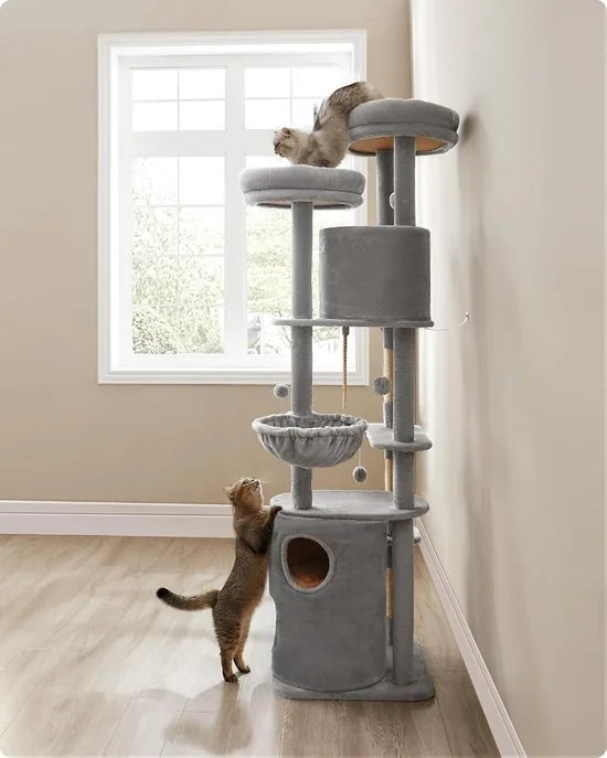 FurnStar - XXL - 196 cm hoge meerlaagse kattenboom met 2 grote platforms - 3 grotten - 2 ligbedden - 5 krabpalen - 4 pluche ballen - kattenborstel - tunnel - 60 x 55 x 196 cm - lichtgrijs