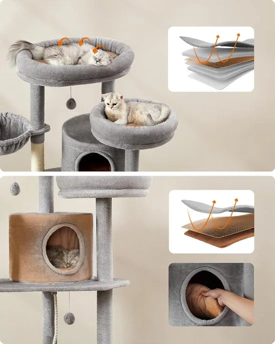 FurnStar - XXL - 196 cm hoge meerlaagse kattenboom met 2 grote platforms - 3 grotten - 2 ligbedden - 5 krabpalen - 4 pluche ballen - kattenborstel - tunnel - 60 x 55 x 196 cm - lichtgrijs