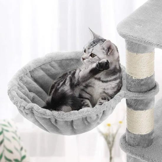 FurnStar - XXL Luxe Katten Krappaal Met Hangmat Hangende Mand & Katten Huisje - Activity Center - Grote Krappaal Klimpaal Met Speelset - Krabmeubel 164 CM Hoog - Sisal/Pluche - Grijs