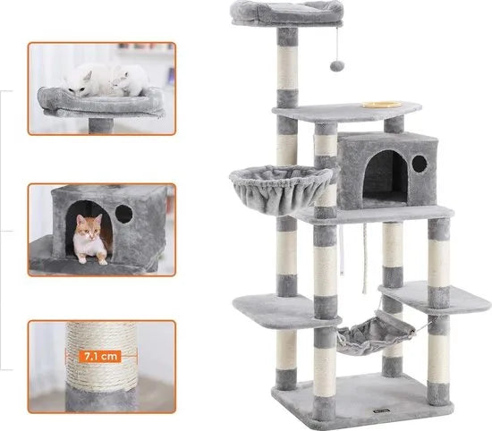 FurnStar - XXL Luxe Katten Krappaal Met Hangmat Hangende Mand & Katten Huisje - Activity Center - Grote Krappaal Klimpaal Met Speelset - Krabmeubel 164 CM Hoog - Sisal/Pluche - Grijs